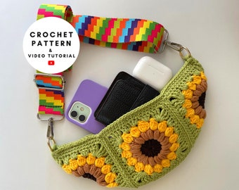 Crochet granny square bag pattern, sunflower sling bag, summer crossbody purse, crochet flower sunburst, bum bag beginner friendly tutorial