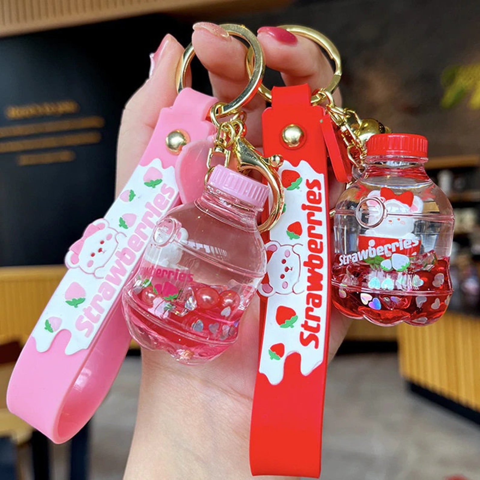 Strawberry Liquid Keychain Kawaii Bunny Key Accessory Red Etsy Australia