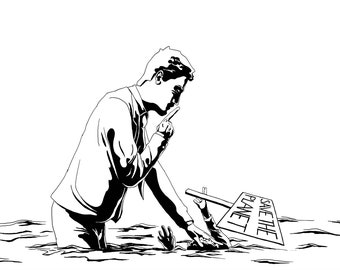 May include: A black and white illustration of a person in a suit holding a sign that says "Save the Planet" while submerged in water.