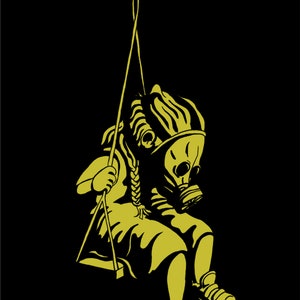 May include: A yellow silhouette of a child wearing a gas mask, sitting on a swing against a black background. The child's hair is styled in a braid. The swing is suspended from a rope.