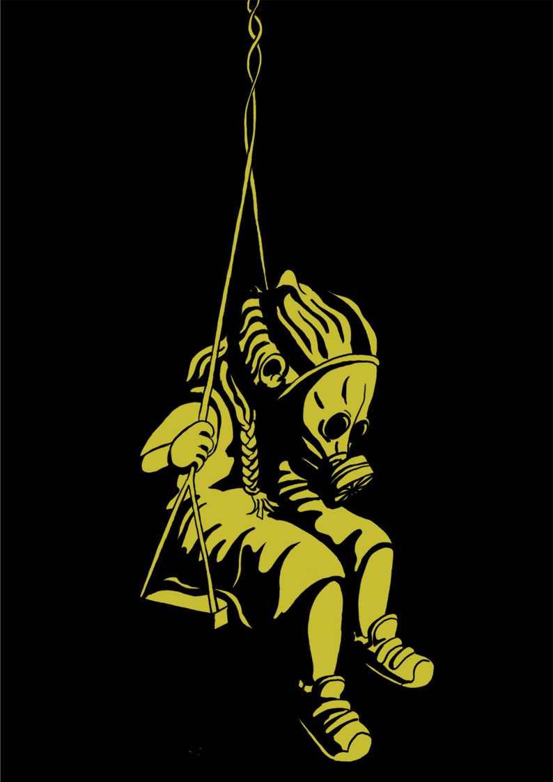 May include: A yellow silhouette of a child wearing a gas mask, sitting on a swing against a black background. The child's hair is styled in a braid. The swing is suspended from a rope.