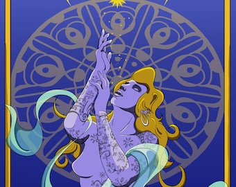 May include: A woman with long blonde hair and tattoos is reaching up towards a crescent moon and star. She is surrounded by a blue and teal swirling pattern. The background is a dark blue with a gold frame.