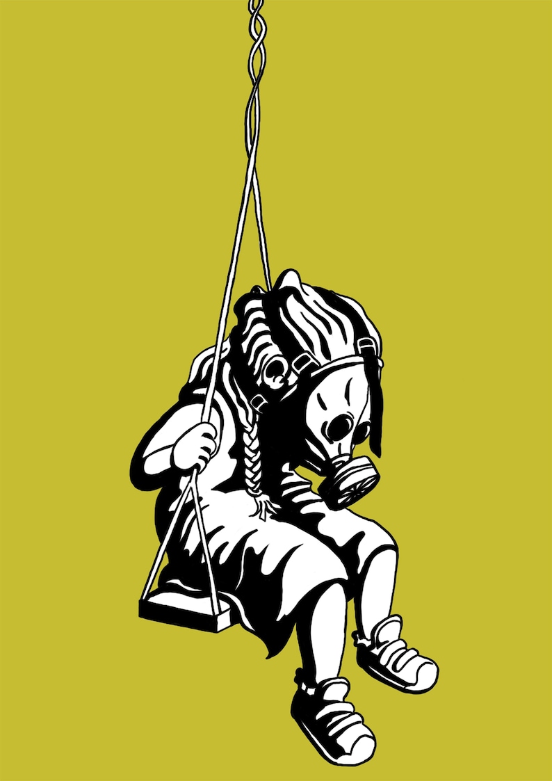 May include: Black and white illustration of a person wearing a gas mask sitting on a swing. The person is depicted with a braided hairstyle and sneakers. The background is a solid olive green color.