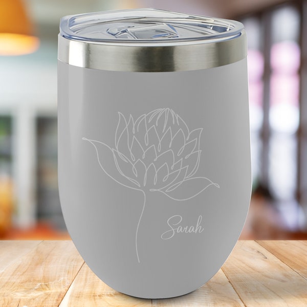 Engraved Protea Wine Tumbler, Wine Cup with Lid, Personalised Wine Tumbler, Custom Wine Tumbler, Teacher  Gift, Travel mug