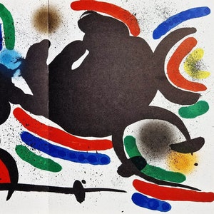 May include: Abstract art print featuring two black figures with colorful curved lines and dots on a white background.