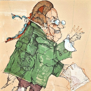 Könnte beinhalten: Eine Illustration einer cartoonartigen Figur in einem grünen Mantel und Schuhen mit hohen Absätzen. Die Figur hat einen großen Kopf, runde Brille und hält ein Papier. Das Kunstwerk ist signiert und datiert 1982, mit der Nummer 1736/10000 unten.