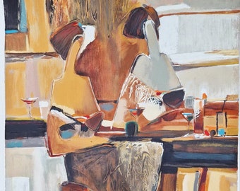May include: An abstract painting featuring two stylised figures seated at a bar with cocktails. The colour palette consists of warm ochre, brown, white, and black tones with visible brushstrokes. The artist signature Tromler is visible in the bottom left.