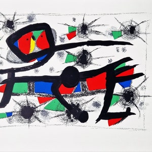 Lithography by Joan Miro. The lithographs feature abstract phenomena, shapes, typical of Joan Miro. The colors are black, red, white, blue and green.