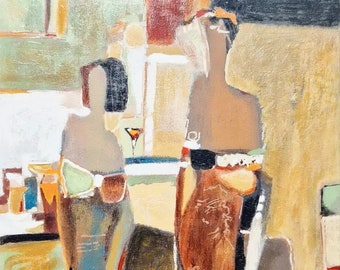 May include: An abstract oil painting on canvas featuring two stylised figures in warm earth tones of brown, tan, and cream. The composition includes geometric shapes, a small cocktail glass, and a signature in the lower left corner reading Trexler.
