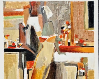 May include: An abstract painting by Tremer featuring two figures in a bar setting with a colour palette of tan, orange, black, and white. The artwork depicts a person in a light-coloured top and another in a dark suit, with the signature Tremer in the corner.