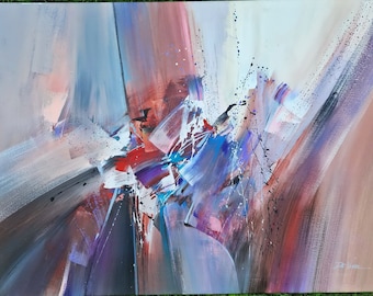 May include: An abstract painting featuring dynamic brushstrokes in shades of red, blue, purple, black, and white. The composition displays energetic diagonal lines, layered textures, and scattered paint splatters across the canvas surface.
