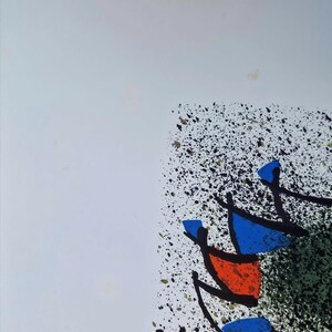 May include: Abstract art print with a white background and colorful shapes. The artwork features blue, orange, and green geometric forms with black outlines, set against a backdrop of black and gold splatters.
