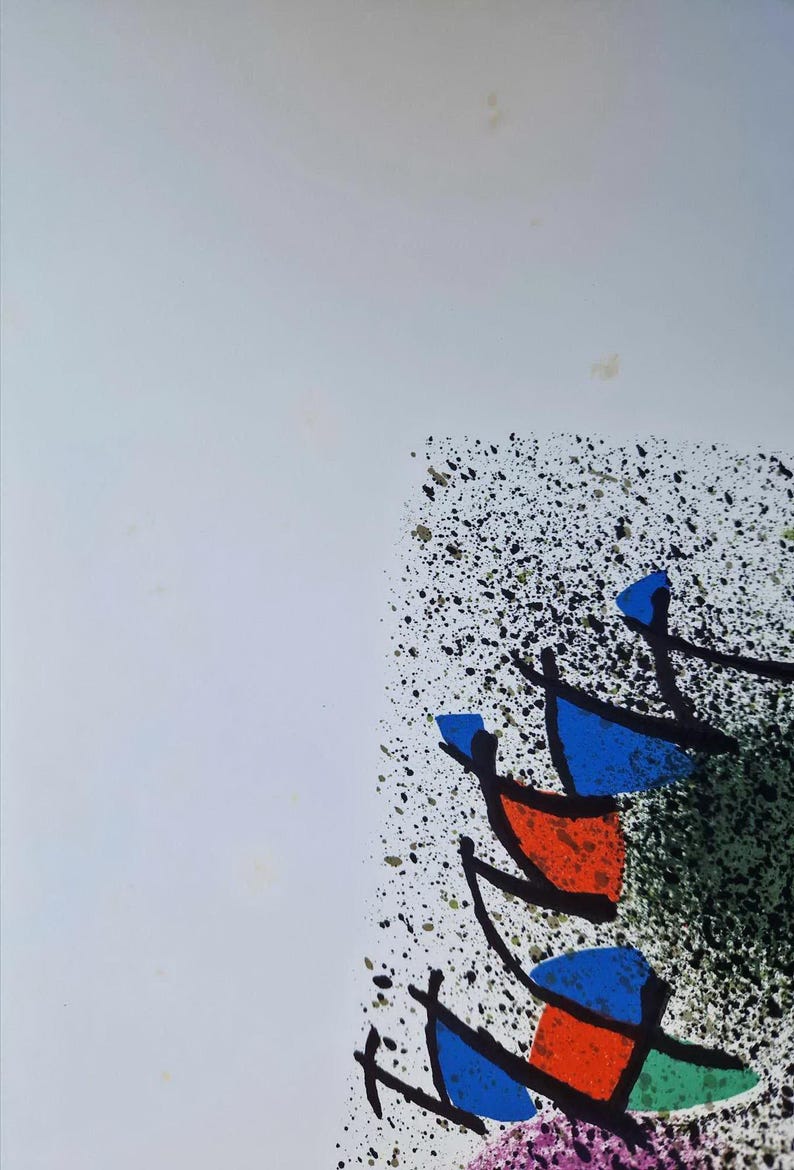 May include: Abstract art print with a white background and colorful shapes. The artwork features blue, orange, and green geometric forms with black outlines, set against a backdrop of black and gold splatters.