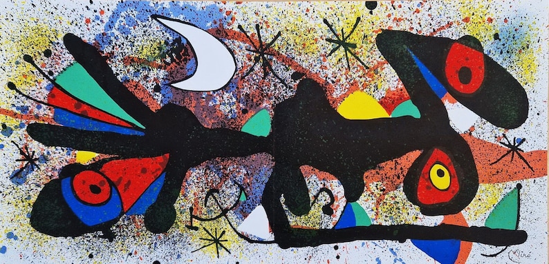 Lithograph by Joan Miro titled Ceramique 2 (1974). The lithographs feature abstract phenomena, shapes, typical of Joan Miro. The colors are black, red, white, blue and green.
