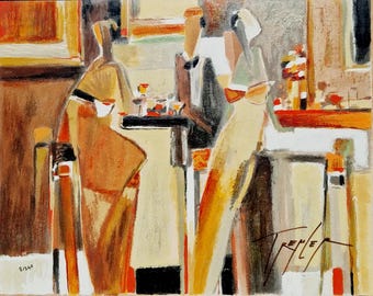 May include: An abstract oil painting depicting three figures in a cafe setting with warm tones of brown, orange, and cream. The composition features stylised shapes, a table with drinks, and the artist signature Tremel in the lower right corner.