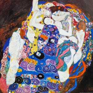May include: A reproduction of Gustav Klimt's painting, featuring figures in a vibrant, abstract style. The artwork showcases a rich palette of blues, yellows, and purples, with intricate patterns and swirling designs. The composition is dominated by a central figure surrounded by others.