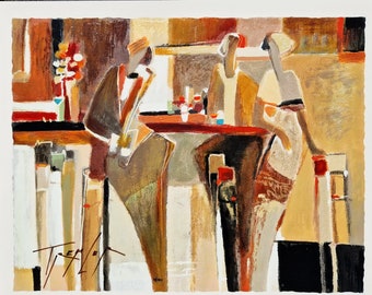 May include: An abstract painting depicting three figures standing at a bar counter. The artwork features a palette of brown, tan, cream, and red tones with visible brushstrokes. The figures are stylised with elongated forms, and the artist's signature, Tremblay, is visible in the bottom left corner.