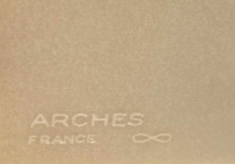 May include: Close-up of a textured, beige paper surface. The word "ARCHES" is embossed in the upper portion, with "FRANCE" below it. An infinity symbol is to the right of "FRANCE".