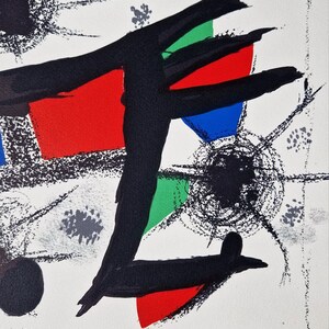 May include: Abstract art print featuring a black line drawing with red, blue, and green shapes. The background is white with black dots and lines.