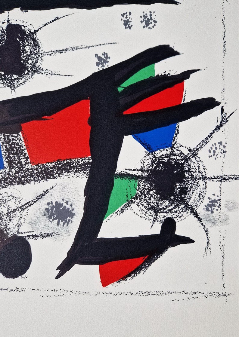 May include: Abstract art print featuring a black line drawing with red, blue, and green shapes. The background is white with black dots and lines.