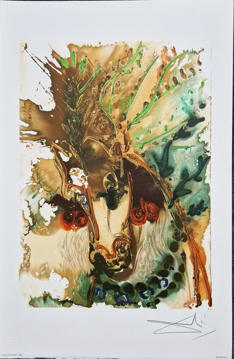 Lithograph by Salvador Dali from the Les Chevaus edition. The lithograph shows a large horse's head, surrounded by green vegetation. The colors are brown and green.