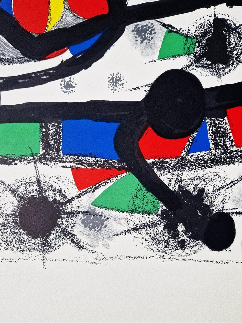 May include: Abstract art print featuring bold black lines, geometric shapes, and splashes of red, green, blue, and yellow on a white background.