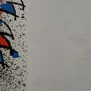 May include: Abstract art print with a white background and colorful shapes. The artwork features blue, red, and purple shapes outlined in black, with black splatter details. The style is reminiscent of graffiti art.