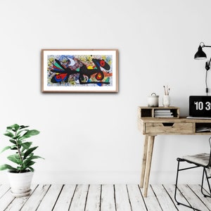 May include: A framed abstract painting with a black, white, red, blue, green, and yellow color scheme. The painting features a black figure with a white crescent moon and a yellow sun in the background.