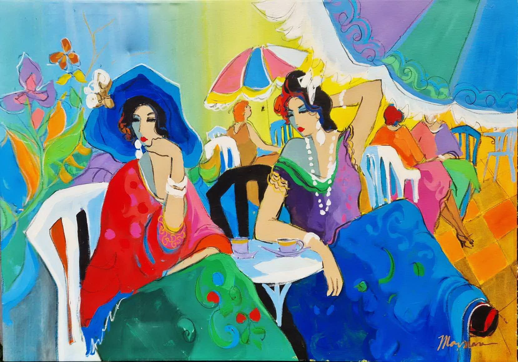 【ジョアン・アイザック】France, Café &、フランス☆カフェとアネモネ ISAAC MAIMON - Women in the Cafe (UNIKAT - Oilpainting/acrylic) (+