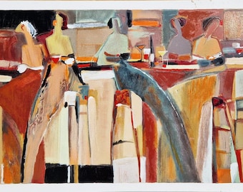 May include: An abstract oil painting on canvas depicting a group of figures seated at a bar. The composition features warm tones of ochre, burnt orange, and deep brown, with stylised silhouettes of people holding glasses against a dark background.