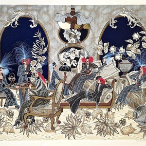 MIRIAM DAUBER  - (handsigned-unframed) Art Deco Figurative Lithograph , salon scene