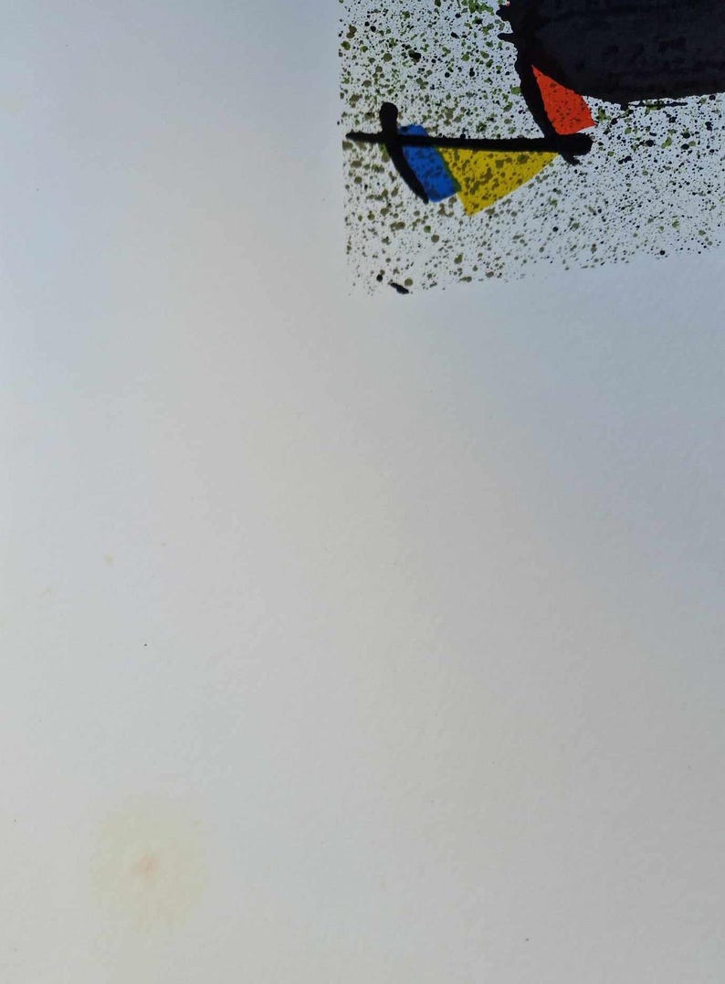 May include: Abstract art print featuring a black shape with red and yellow accents, and a blue triangle. The artwork has a white background with a speckled green and black area in the upper right corner.