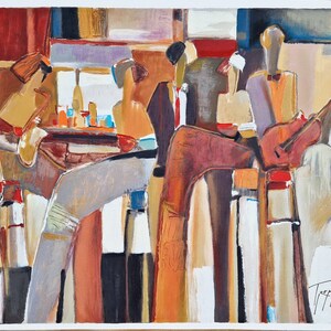 May include: An abstract painting depicting a group of people in a bar setting. The artwork features a muted colour palette of browns, oranges, and greys. The figures are stylised and geometric, and the overall composition is dynamic and energetic.