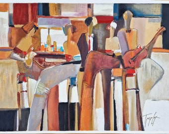 May include: An abstract oil painting depicting a group of four figures in a bar setting. One figure plays a saxophone, another plays a guitar, and two others sit at a counter. The colour palette includes shades of orange, brown, grey, and black.
