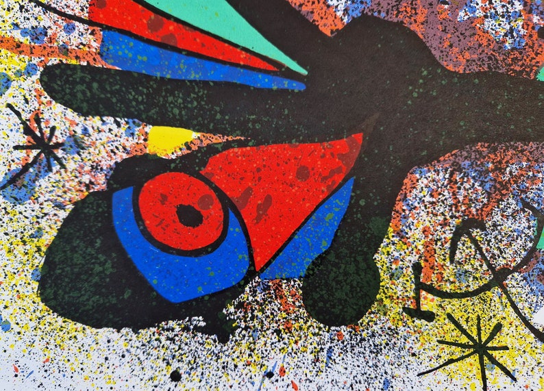 May include: Abstract painting with a black, red, blue, and green bird-like figure on a white background with black, red, blue, green, and yellow splatters of paint.