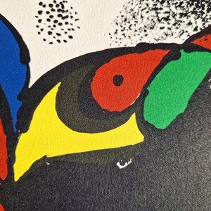 May include: Abstract art print featuring bold colors and shapes. The artwork showcases a black background with a vibrant eye-like design in red, green, yellow, and blue. The composition includes a white background with black dots.
