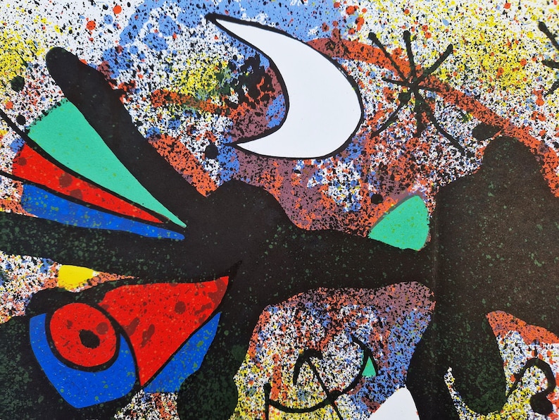 May include: Abstract painting with a black, white, and green figure on a colorful background with splashes of paint. The background includes a white crescent moon and a black star.