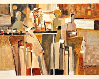May include: An abstract painting depicting figures in a bar setting with warm tones of orange, brown, and cream. The composition features stylised silhouettes of people seated at a counter with glasses, rendered in broad, textured brushstrokes.