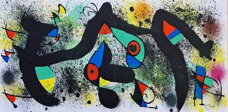Lithograph by Joan Miro titled Ceramique 1 (1974). The lithographs feature abstract phenomena, shapes, typical of Joan Miro. The colors are black, red, white, blue and green.