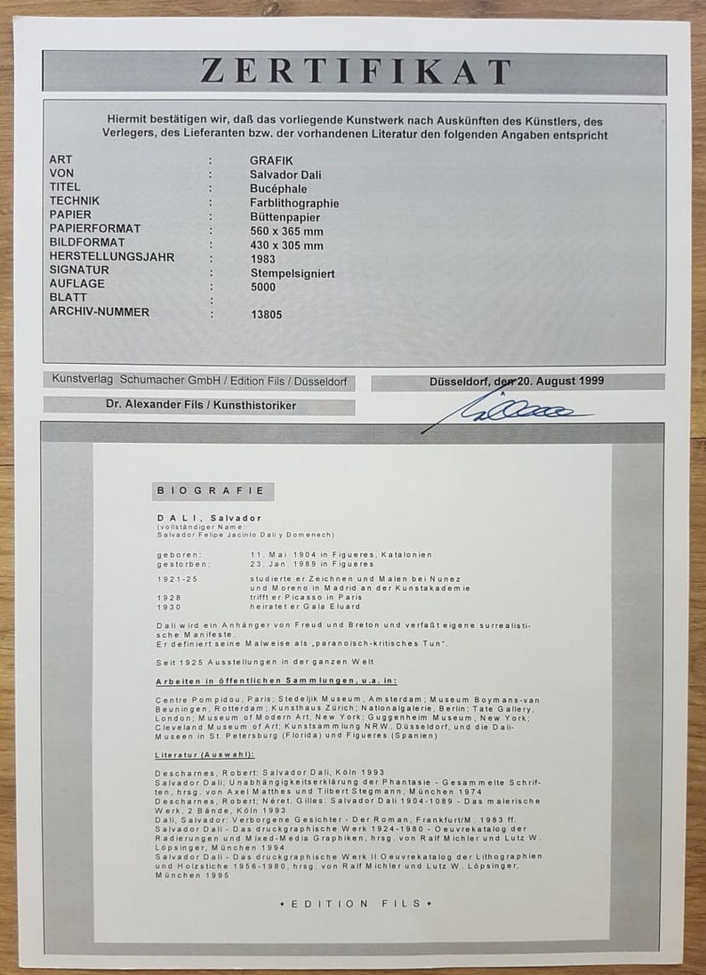 SALVADOR DALI - Bucephale (CERTIFICATE) (Unframed) Original lithograph by S.P.A.D.E.M (Israel), surrealistic art image 2