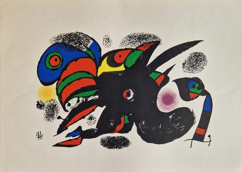 May include: Abstract art print featuring a black, bird-like figure with colorful accents. The artwork includes a blue, red, green, and yellow palette, with black and white speckled details. A vibrant piece for wall decor.