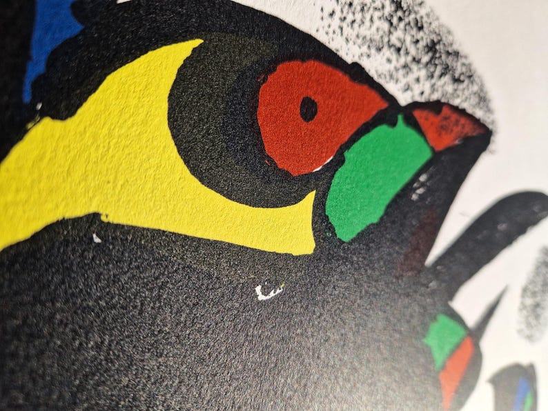 May include: Close-up of a colorful abstract artwork featuring a bird's eye. The design incorporates bold colors: yellow, red, green, and blue against a black background. The artwork has a textured appearance.