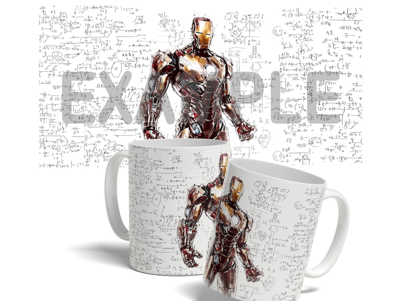 Puede incluir: Dos tazas de cer&aacute;mica blanca con un dise&ntilde;o en blanco y negro de ecuaciones matem&aacute;ticas y un personaje de superh&eacute;roe. El personaje es un superh&eacute;roe rojo y dorado con un casco y una pieza de pecho roja. Las tazas est&aacute;n sobre un fondo blanco.