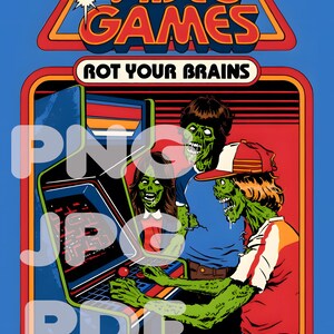 以下が含まれることがあります： 赤、オレンジ、黄色のレトロなデザインのアーケードゲームキャビネット。キャビネットの上部には「VIDEO GAMES ROT YOUR BRAINS」、下部には「LOW SCORE」の文字が書かれている。3体の緑色のゾンビがゲームをしている。