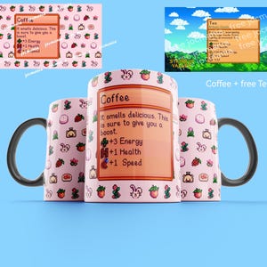 Puede incluir: Una taza de café rosa y blanca con un diseño pixelado de una taza de café y otros artículos. La taza tiene un asa negra y dice "Coffee" en la parte delantera. El texto en la taza dice "It smells delicious. This is sure to give you a boost. +3 Energy +1 Health +1 Speed".