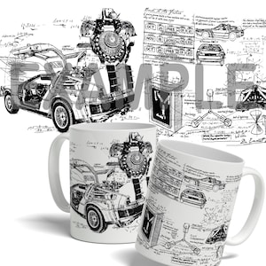 以下が含まれることがあります： 白磁のマグカップ2つ。黒と白のイラストで、デロリアンと科学的な図が描かれている。マグカップには、「バック・トゥ・ザ・フューチャー」や「フラックス・コンデンサー」などの文字が書かれている。