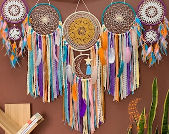 Colorful Dreamcatcher Decorate Headboard, Dreamcatcher feather moon and stars, Boho style bedroom decoration, Great gift for lover