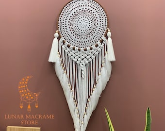 White Dreamcatcher Feather Wall Hanging, Big Dreamcatcher Wall Art, Macrame Dreamcatcher Boho Decor, Dreacatcher Large Headboard