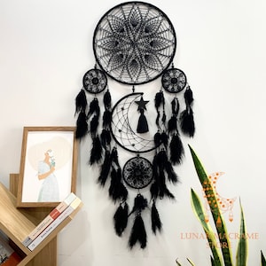 Handmade Black Dreamcatcher Wall Hanging, Dreamcatcher Moon and Star Hanging, Dreamcatcher Macrame Boho Decor, Dreacatcher Large Headboard