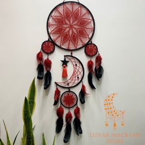 Handmade Black Dreamcatcher Wall Hanging, Dreamcatcher Moon and Star Hanging,Huge Red Dreacatcher Headboard, Halloween Gift